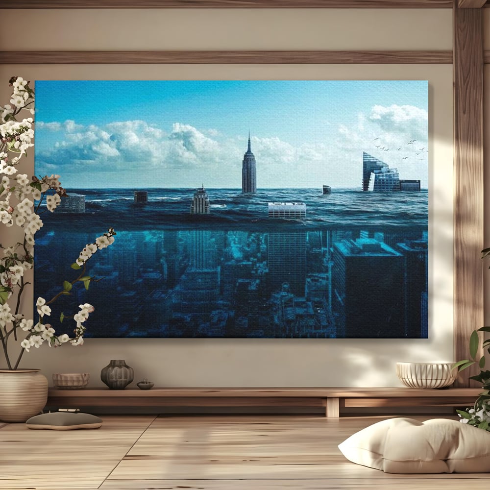 Tablou canvas cu ilustratie digitala cu oras scufundat in ocean, fara rama, pe sasiu de lemn
